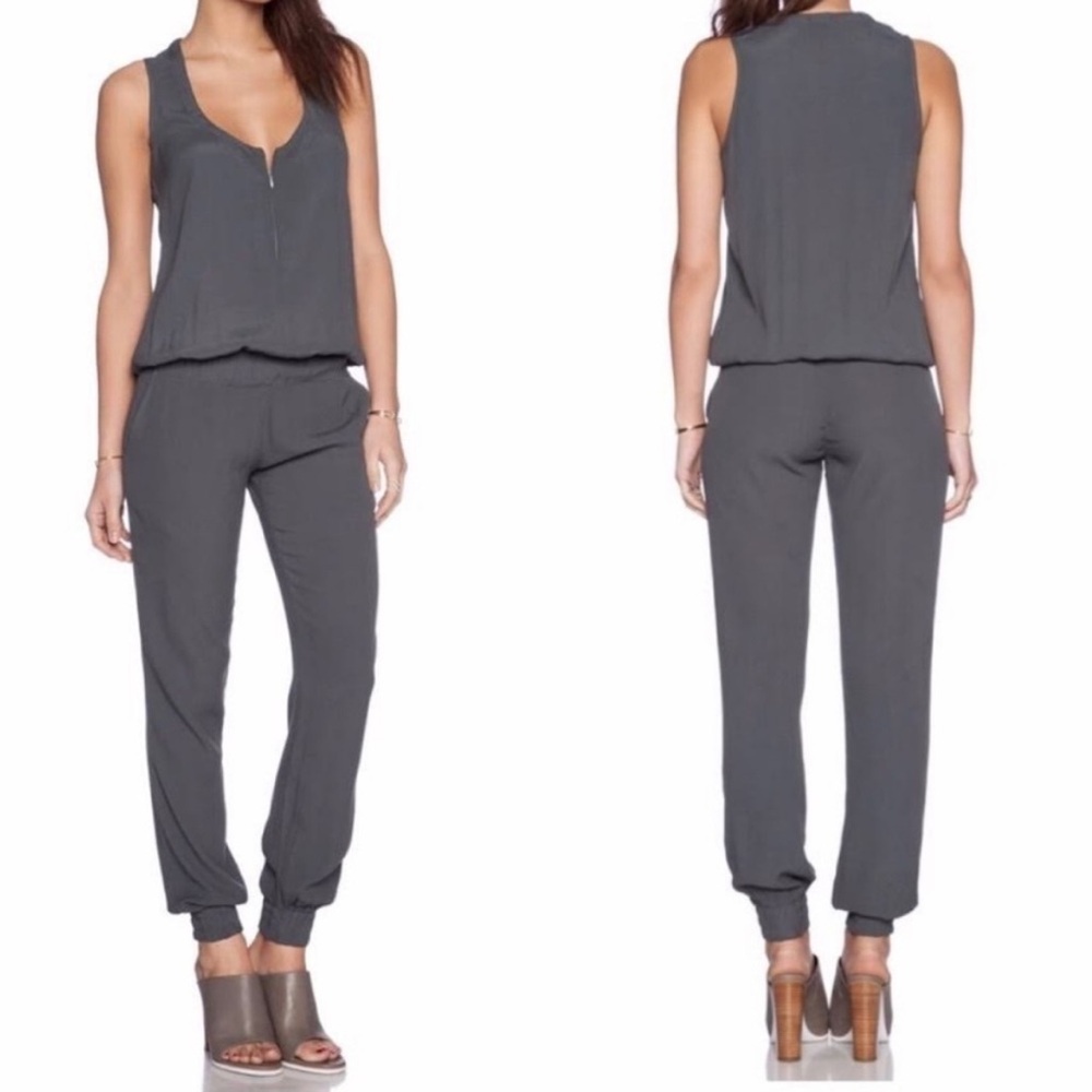 Monrow Gray Zip Front Sleeveless Blouson Waist Jogger Leg Crepe Jumpsuit Size L